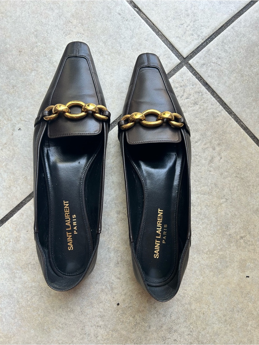 Saint Laurent Brown Leather Chain-Accent Loafers Size 37